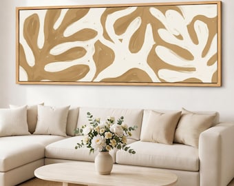 Tan Leaf Canvas Print, Neutral Botanical Wall Art, Japandi Mid Century Panoramic Giclee Cotton Canvas Decor