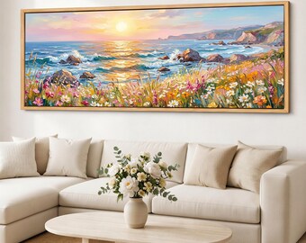 Cuadro decorativo de pared con diseño de pradera playera, paisaje costero al atardecer sobre acantilados oceánicos, impresión giclée panorámica de la costa con flores silvestres.