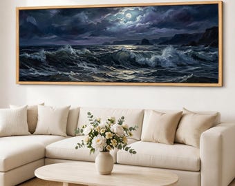 Midnight Sea Art Canvas Print, Moonlit Waves Wall Decor, Moody Ocean Seascape, Rocky Coast Giclee Cotton Canvas