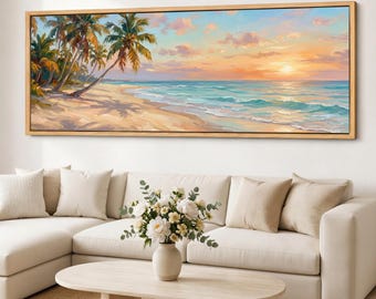 Tropical Beach Canvas Print, Coastal Sunset Wall Art with Palm Trees, Panoramic Ocean Giclee Canvas, Framed Coastal Decor