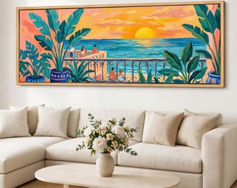 Tropical Sunset Canvas Wall Art, Coastal Balcony Seascape, Panoramic Ocean View Framed Giclee Canvas Print