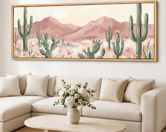 Saguaro Wall Art, Pastel Cactus Canvas Print, Desert Bloom Decor, Boho Southwestern Framed Panoramic Wall Art