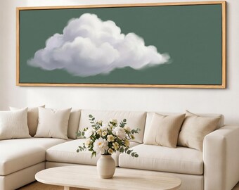 Sage Cloud Art Canvas, Retro Pastel Cloud Wall Art, Wide Framed Sky Artwork, Large Horizontal Giclee Canvas Print