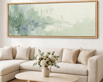 Sage Green Abstract Canvas Wall Art Framed Wide Horizontal Minimalist Japandi Giclee Print for Living Room