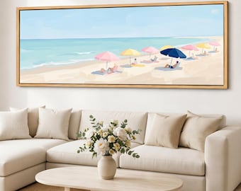 Seaside Wall Art Beach Umbrella Canvas, Coastal Panorama Ocean Wall Art, Framed Giclee Cotton Canvas Print
