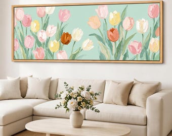 Pastel Tulip Wall Art, Panoramic Floral Canvas Print, Sage Blush Flower Decor, Long Wide Giclee Canvas