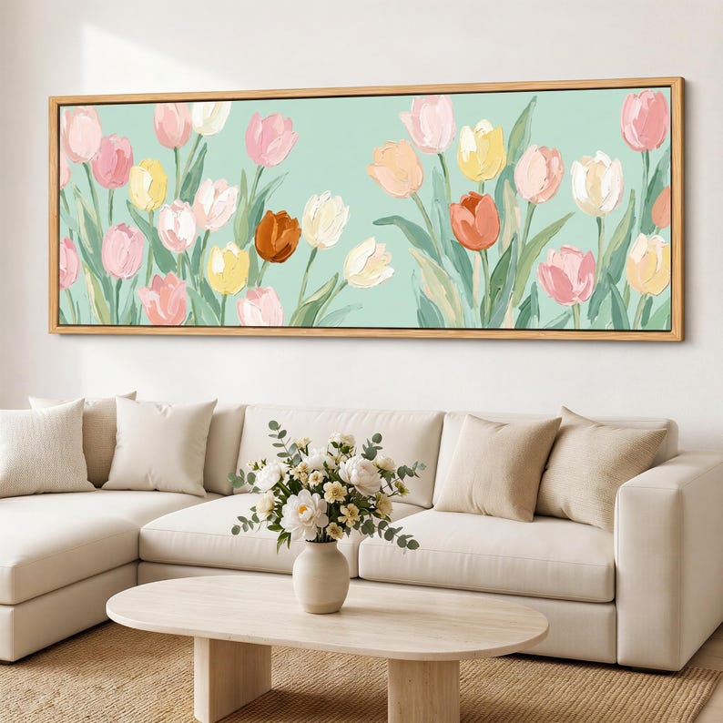 Pastel Tulip Wall Art, Panoramic Floral Canvas Print, Sage Blush Flower ...