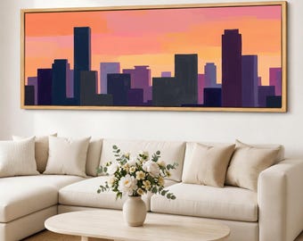 Pastel Skyline Canvas Print, Moody Sunset Cityscape Wall Art, Wide Abstract Urban Dusk Giclee on Cotton Canvas