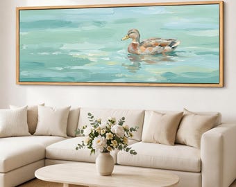 Minimal Duck Wall Art, Calm Teal Duck Canvas Print, Framed Lake Bird Decor, Cottage Animal Wall Decor