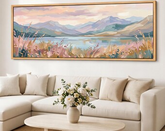 Cuadro decorativo de pared en tonos pastel con lago de montaña, paisaje onírico de prado junto al lago, impresión panorámica en lienzo de algodón giclée enmarcada.
