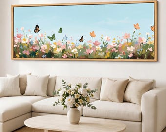 Pastel Meadow Canvas Wall Art with Butterflies, Wildflower Sky Panoramic Giclee Print, Framed Floral Farmhouse Decor