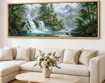 Panoramic Waterfall Canvas Wall Art, Misty Forest River Landscape, Extra Wide Giclee Print on Cotton Canvas