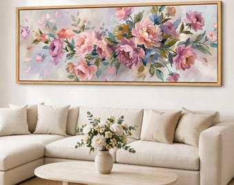 Blush Peony Floral Canvas Wall Art, Pastel Panoramic Giclee Print, Romantic Framed Flower Decor for Living Room
