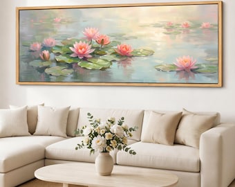 Lily Pond Wall Art, Pink Water Lily Canvas Print, Framed Floral Pond Canvas, Large Horizontal Giclee Wall Decor