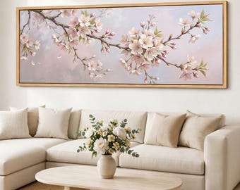 Cherry Blossom Canvas Wall Art, Sakura Branch Panoramic Giclee Print, Framed Floral Canvas for Bedroom Living Room