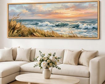 Framed Ocean Sunset Canvas, Panoramic Coastal Wave Wall Art, Beach Dune Grass Seascape, Large Giclee Print
