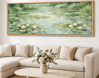 Pastel Water Lily Pond Canvas Print, Panoramic Lotus Pond Wall Art, Sage Green Floral Landscape, Horizontal Giclee Canvas