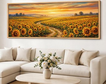 Impressão em tela de um campo de girassóis, arte de parede com paisagem panorâmica do pôr do sol, impressão giclée de horizonte dourado em tela de algodão.