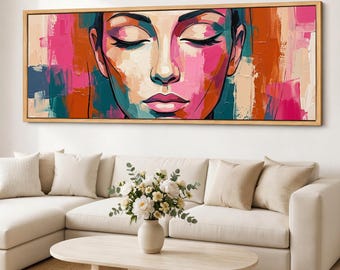 Mid Century Abstract Face Canvas Print, Framed Giclee Cotton Canvas, Panoramic Modern Muse Wall Art