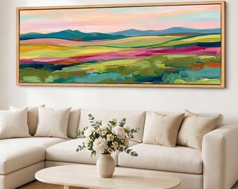 Layered Meadow Canvas Print, Abstract Vista Wall Art, Retro Prairie Horizon, Wide Hill Landscape, Panoramic Giclee Canvas
