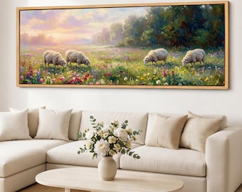 Sheep Field Canvas Print, Wildflower Meadow Wall Art, Panoramic Pastoral Landscape, Neutral Farmhouse Bedroom Decor