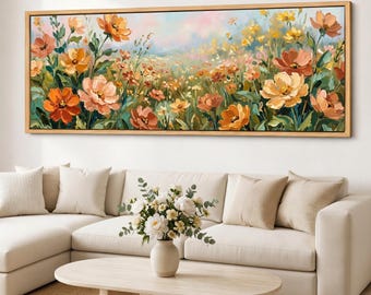 Panoramic Wildflower Meadow Canvas Print, Wide Floral Wall Art, Cottage Garden Giclee, Extra Long Farmhouse Decor