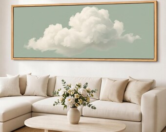 Neutral Cloud Canvas Wall Art, Airy Sky Giclee on Cotton Canvas, Sage Cream Cloudscape, Wide Framed Art for Bedroom