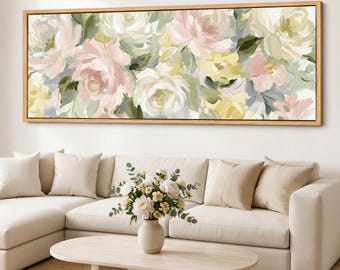 Pastel Hydrangea Canvas Wall Art, Airy Floral Wall Decor, Blush Bouquet Giclee Print, Wide Bedroom Canvas