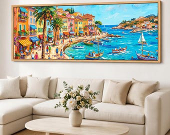 Mediterranean Coastal Village Canvas Print, Colorful Harbor Wall Art, Panoramic Seaside Promenade Giclee on Cotton Canvas