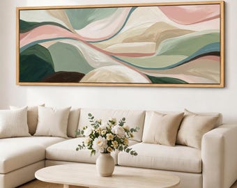 Sage Pink Abstract Canvas Wall Art, Framed Wide Panorama, Soft Curved Neutral Giclee Print for Living Room Decor