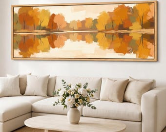 Autumn Lake Canvas Wall Art, Wide Fall Landscape, Warm Rustic Trees Reflection, Panoramic Giclee Canvas Decor