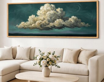 Teal Cloud Wall Art, Moody Cloudscape Canvas Print, Wide Panoramic Sky Art, Sage Horizon Giclee on Cotton Canvas