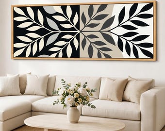 Ivory Leaf Canvas Wall Art, Minimalist Black Beige Botanical, Extra Wide Framed Giclee Cotton Canvas Print