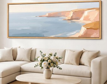 Minimal Beach Canvas Print, Coastal Cliff Wall Art, Panoramic Ocean Horizon, Neutral Seascape Giclee on Cotton Canvas