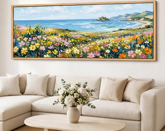 Coastal Wildflower Canvas Wall Art, Ocean Meadow Giclee Print on Cotton Canvas, Framed Panoramic Beach Landscape Decor