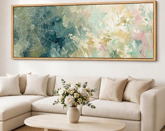Spider Web Wildflower Canvas Print, Airy Meadow Wall Art, Soft Sage Floral Panorama, Wide Giclee Cotton Canvas