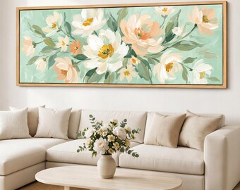 Pastel Tulips Canvas Print, Mint Floral Wall Art, Panoramic Giclee Canvas, Minimalist Retro Flower Decor