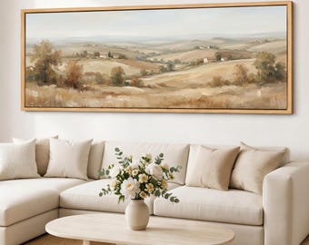 Neutral Farmhouse Canvas Wall Art, Wide Country Landscape, Rolling Hills Giclee Print, Framed Panoramic Canvas