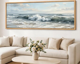 Cuadro decorativo de olas del océano, impresión en lienzo costera, paisaje marino con espuma de la orilla, lienzo de algodón giclée ancho, decoración tranquila para la playa.