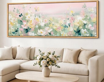 Airy Floral Canvas Wall Art, Blush Meadow Flowers, Pastel Bloom Panoramic Giclee Print, Wide Pink Botanical Decor