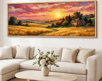 Wheat Field Wall Art, Sunset Farm Canvas Print, Rustic Country Landscape, Panoramic Giclee Cotton Canvas, Warm Sky Decor