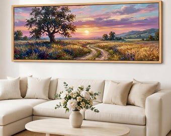 Lone Tree Meadow Canvas Wall Art, Winding Road Landscape, Panoramic Prairie Field Giclee Print, Rustic Farmhouse Decor