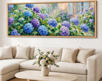 Blue Hydrangea Canvas Wall Art, Lilac Bloom Art, Wide Floral Panorama, Cottage Garden Giclee Print