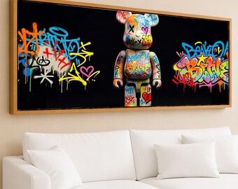 Impression giclée sur toile jouet ours graffiti, décoration murale néon pop street art, panoramique extra large, cadeau de salle de jeux prêt à accrocher