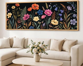 Moody Floral Canvas Wall Art, Wildflower Meadow Giclee on Cotton Canvas, Framed Panoramic Botanical Decor