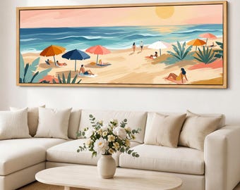 Seaside Panorama Canvas Wall Art, Wide Coastal Beach Scene with Parasols, Ocean Sun Giclee Canvas Print