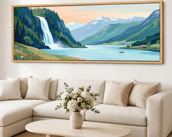 Framed Nordic Waterfall Canvas Wall Art, Alpine Fjord Lake Landscape, Extra Wide Panoramic Mountain Valley Decor
