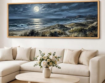 Moonlit Beach Canvas Wall Art, Coastal Night Seascape, Full Moon Ocean Waves, Panoramic Shoreline Decor
