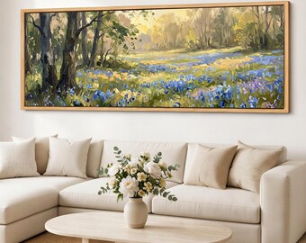 Cuadro decorativo de pared con campanillas azules, paisaje de vista forestal, escena panorámica de pradera, lienzo de algodón Giclée de arboleda primaveral.
