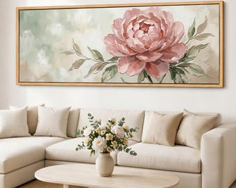 Vintage Rose Canvas Print, Neutral Floral Wall Art, Blush Pink Panoramic Giclee Canvas, Wide Minimalist Flower Decor